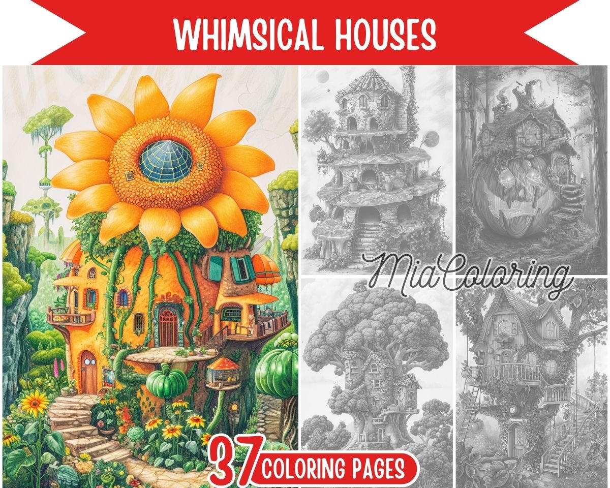 Whimsical Houses Printable Coloring Pages for Adults - miacoloring.com
