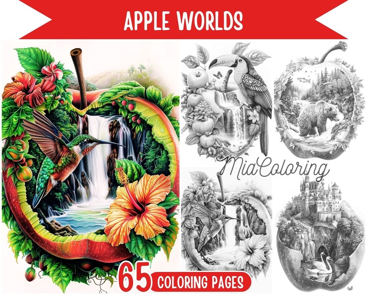 Apple Worlds Printable Coloring Pages for Adults - miacoloring.com