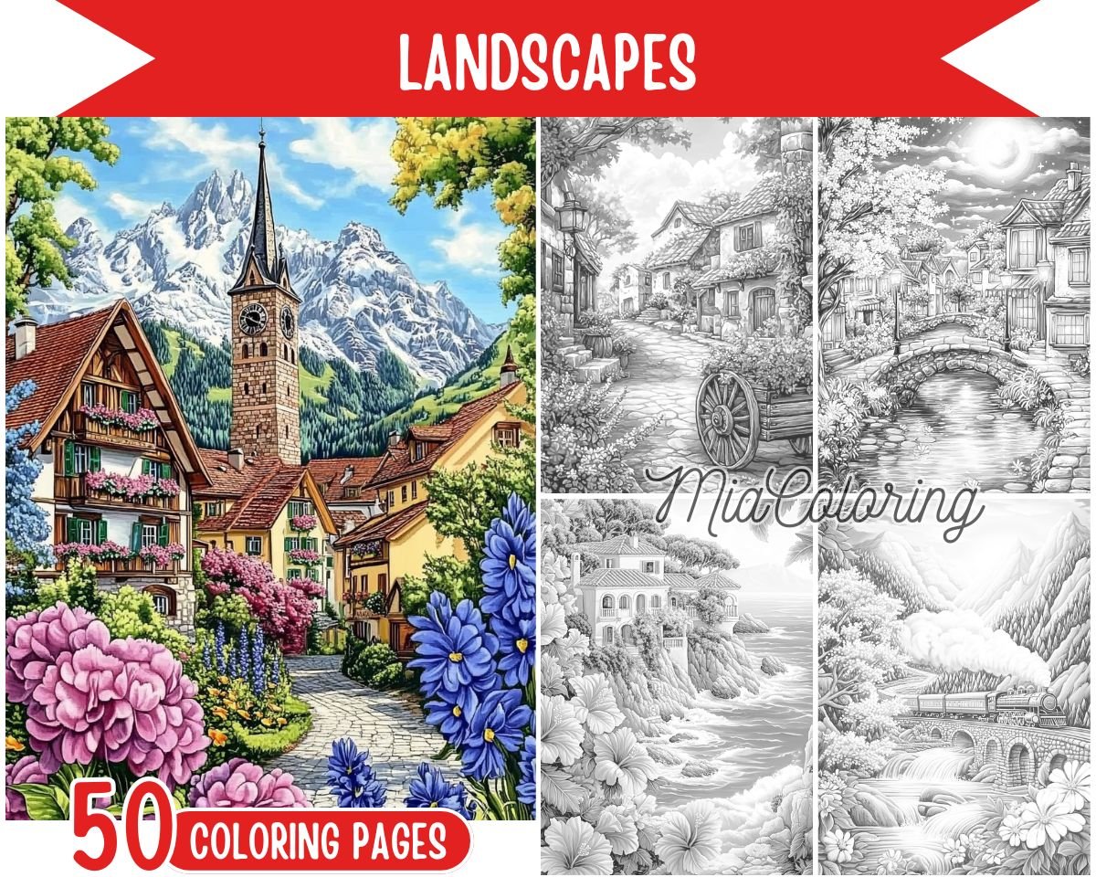 Landscapes Printable Coloring Pages for Adults - miacoloring.com